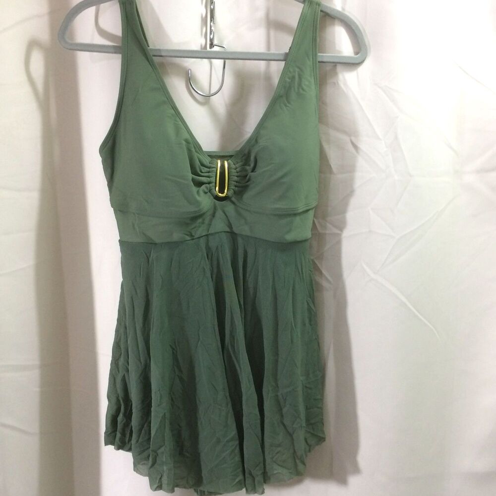 B2Prity Olive Swim Dress One Piece Adjustable Straps Sheer Skirt Size Large - Picture 4 of 7